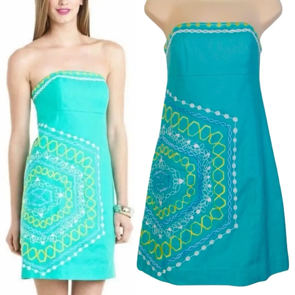 Lilly Pulitzer Bowen Strapless Mini Dress, Teal, Embroidered Bee Hive, Size 2 - Picture 1 of 10